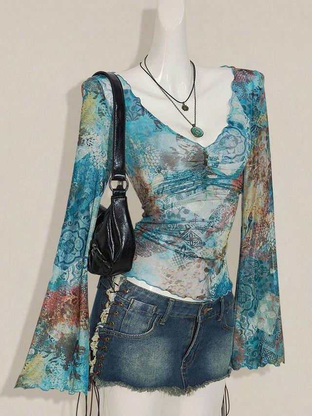 western boho teal allover print v-neck ruched blouse