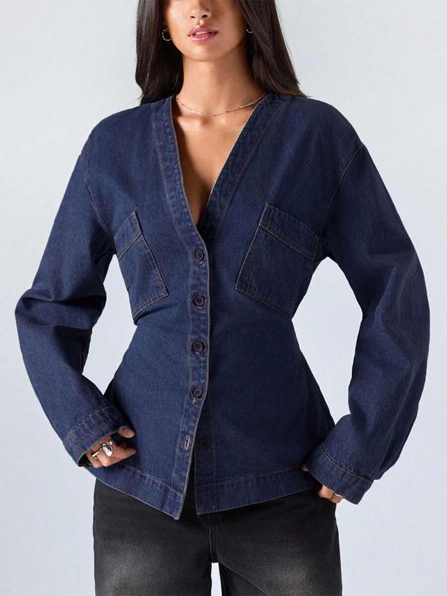 button front waist cinched denim top