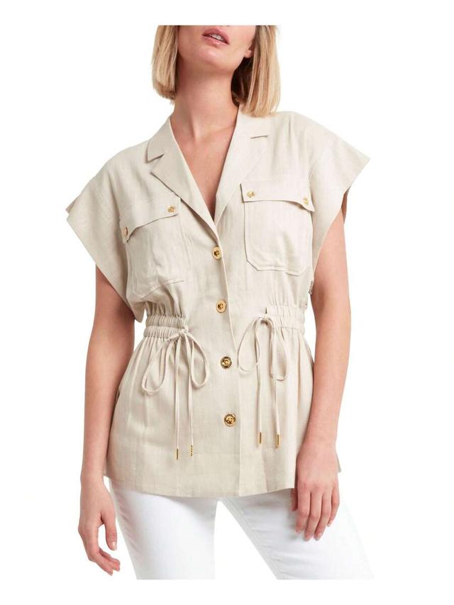 h halston short sleeve beige linen utility jacket