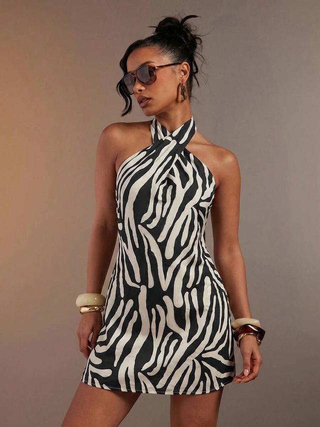 zebra print halter neck mini dress