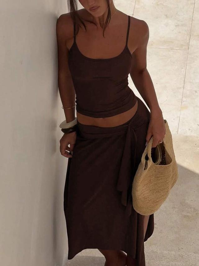 brown casual camisole top and asymmetric hem skirt set