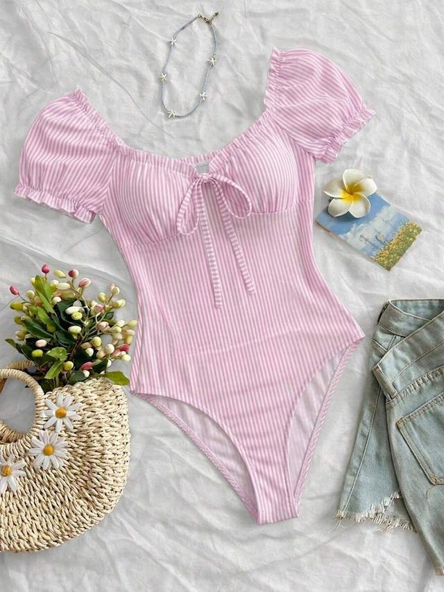 pink and white striped ruffle front bodysuit