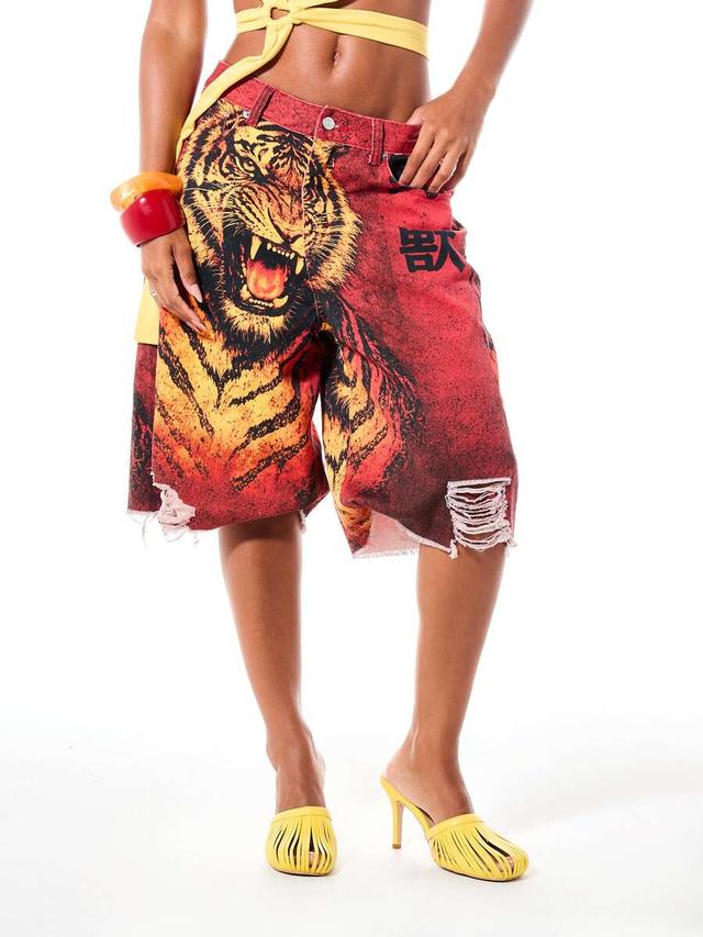 oversized distressed denim bermuda shorts with tiger graphic