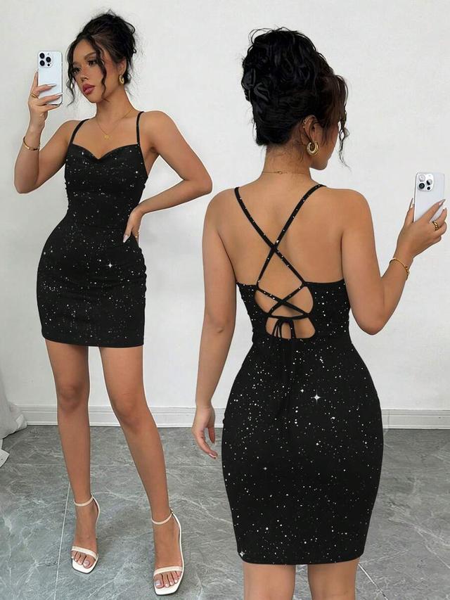 black and silver sequin spaghetti strap draped neck dress