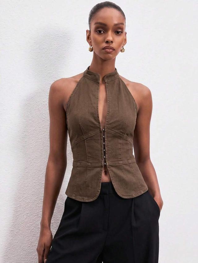 coffee brown denim halter neck corset top