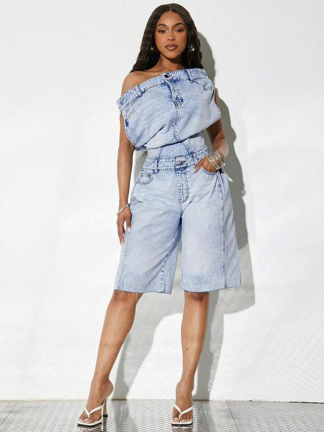 off shoulder light wash denim jort romper
