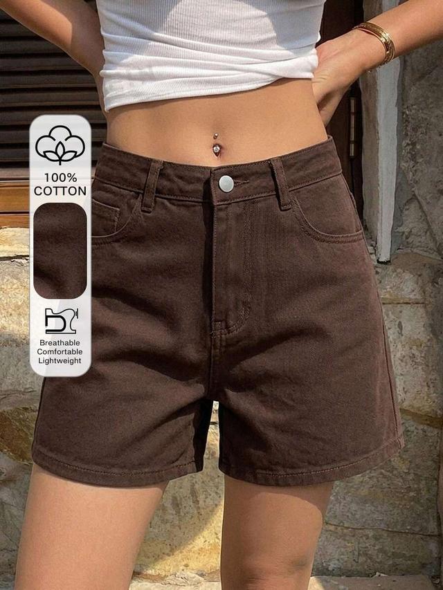 brown cotton high waisted denim shorts