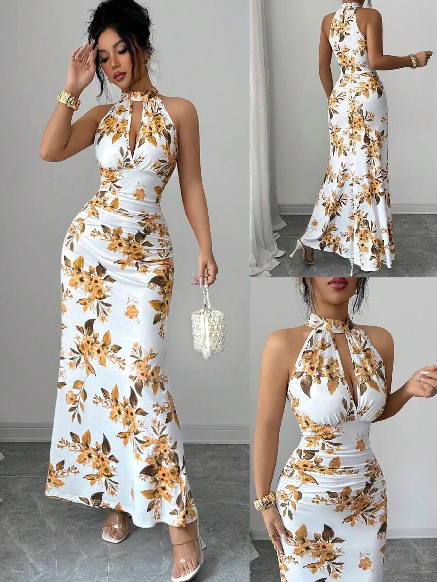 women's long floral print cinched waist bodycon dress