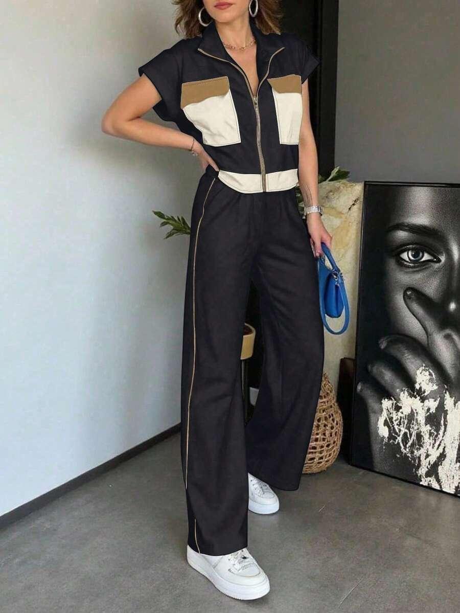black color clash sports pullover top and pants set