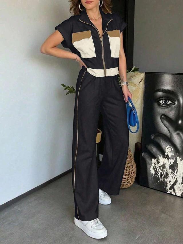 black color clash sports pullover top and pants set