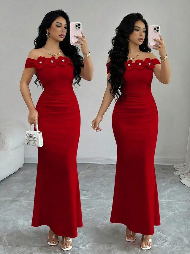 elegant red off-shoulder ruched floral knit bodycon dress