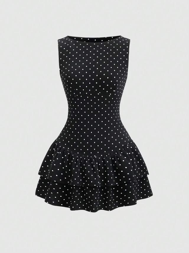 black and white polka dot tiered ruffle dress
