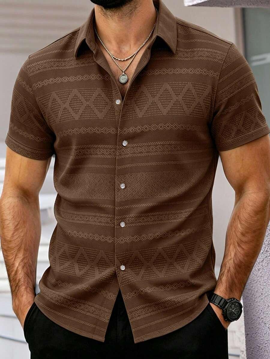 brown geometric textured short sleeve casual shirt