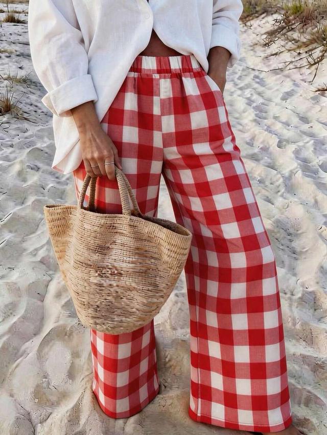 vaclyn women red and white plaid beach pants