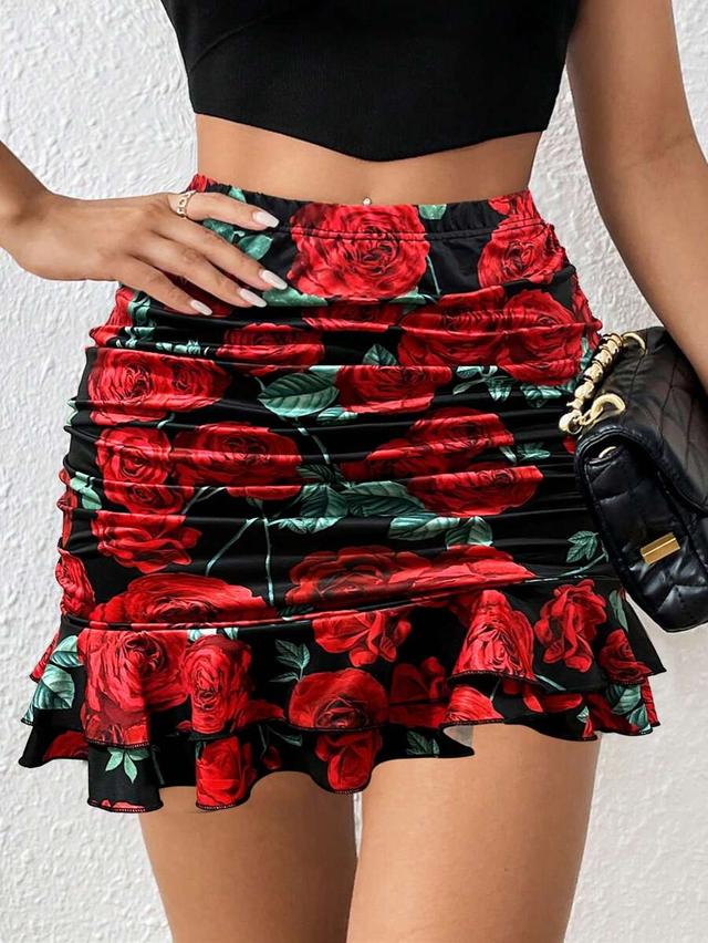 floral print ruched mini skirt