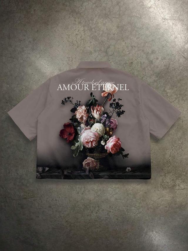 taupe boxy loose vintage floral oil painting print cropped shirt