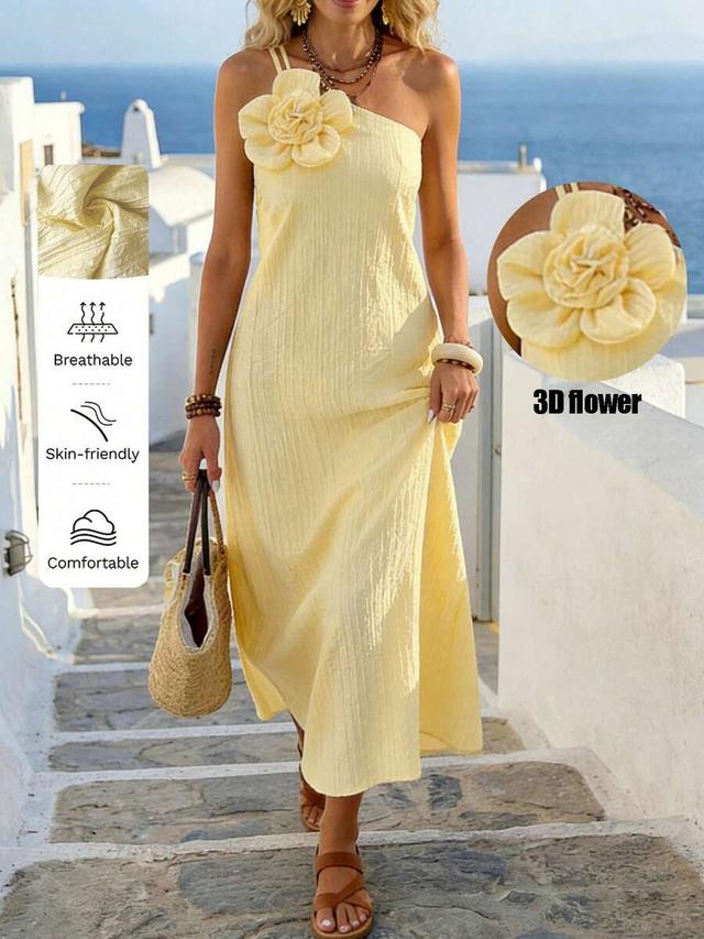 pale yellow one-shoulder midi dress with flower detail
