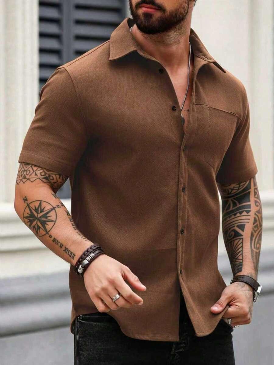 brown short sleeve button down casual shirt