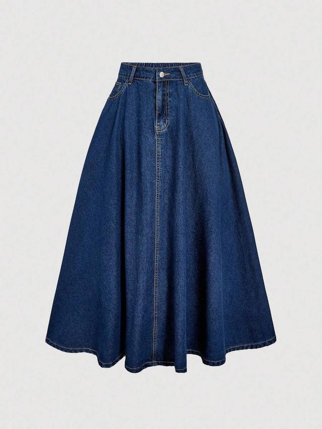 dark wash denim midi a-line skirt