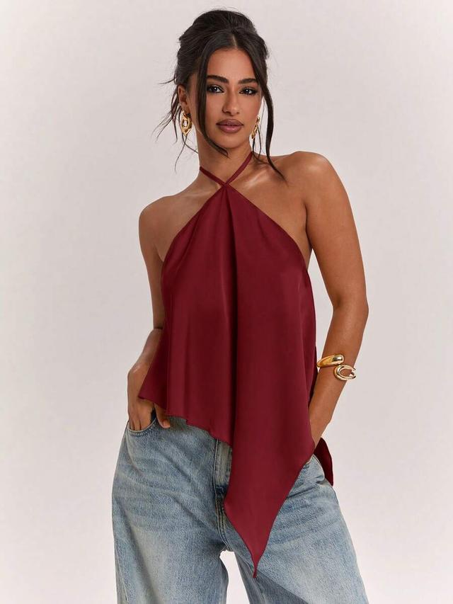 satin halter neck backless asymmetrical hem tank top