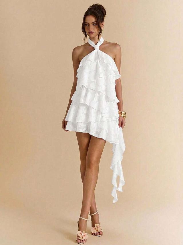 white floral jacquard halter ruffle hem mini dress