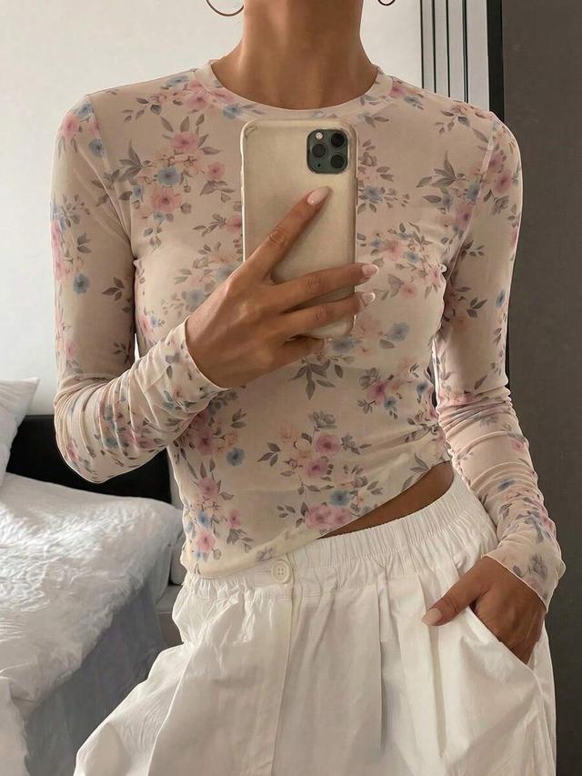 floral print fitted long sleeve mesh top