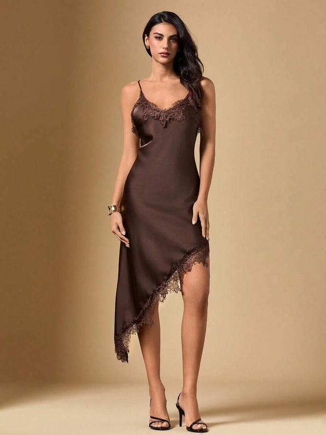 dark brown satin spaghetti strap asymmetrical lace midi dress