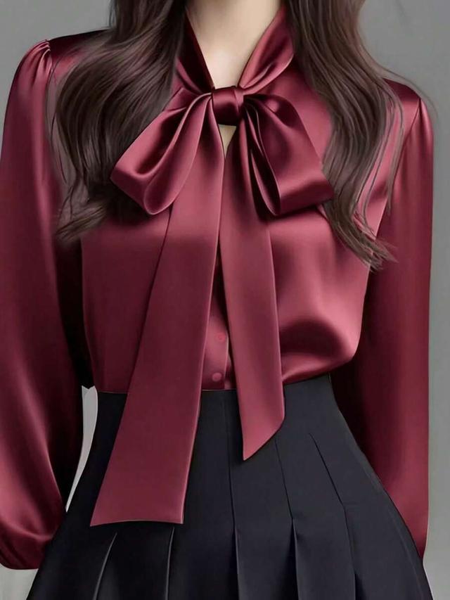 elegant satin long sleeve blouse with bow neck detail