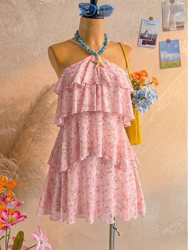 pink floral multi-layer ruffle chiffon mini dress