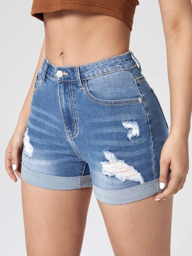 distressed blue denim cuffed high-waisted shorts