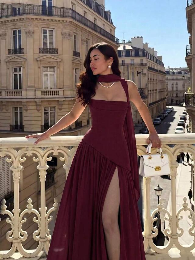 burgundy square neck a-line dress with back scarf