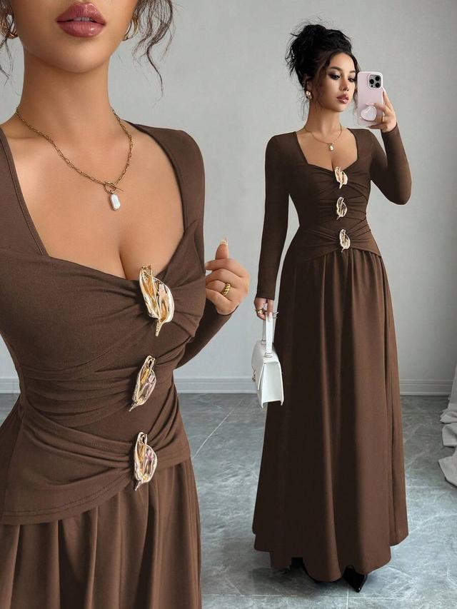 brown long sleeve metal decor maxi dress