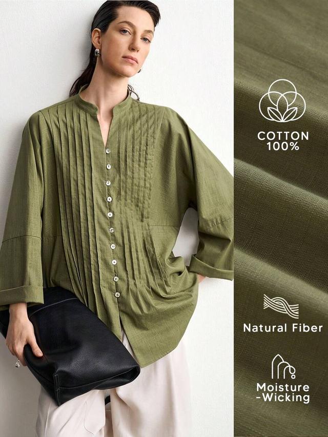 aalyst women's green cotton linen pleated v-neck blouse