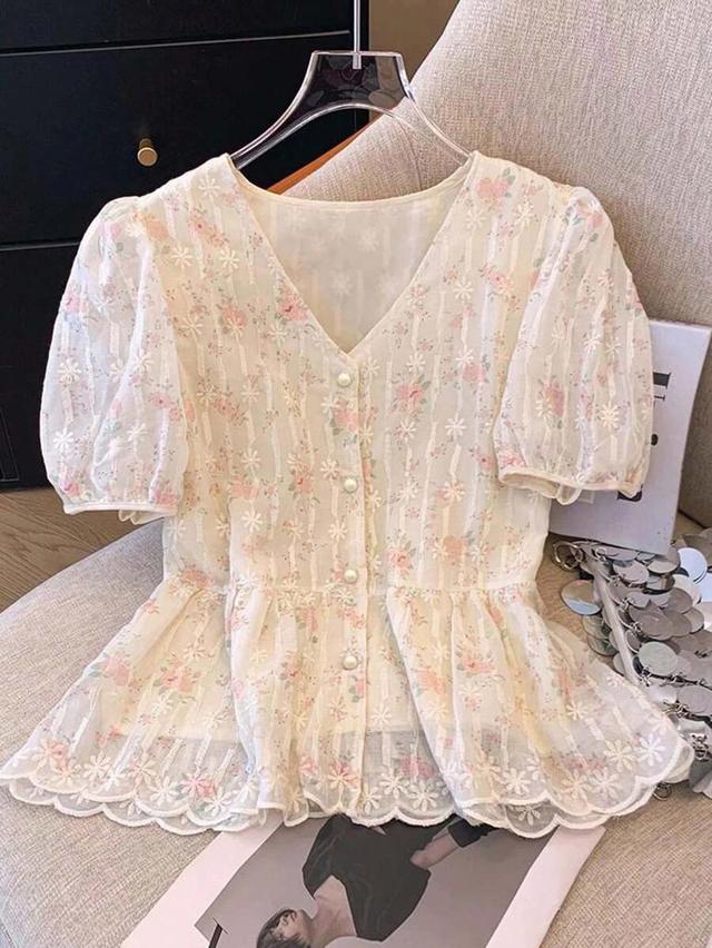 french romantic embroidered v-neck short sleeve peplum blouse