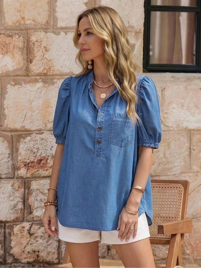 emery women casual blue denim puff sleeve blouse