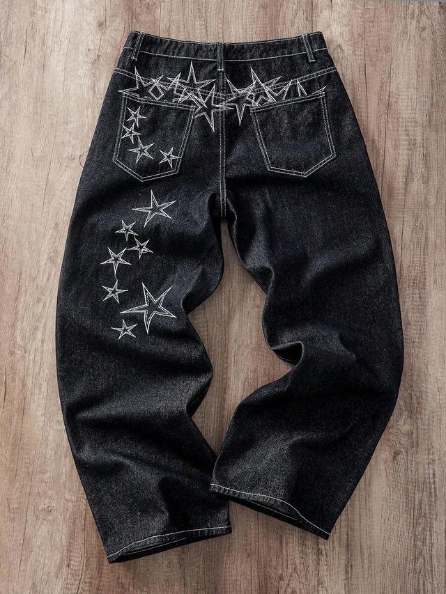 black denim wide leg jeans with star embroidery