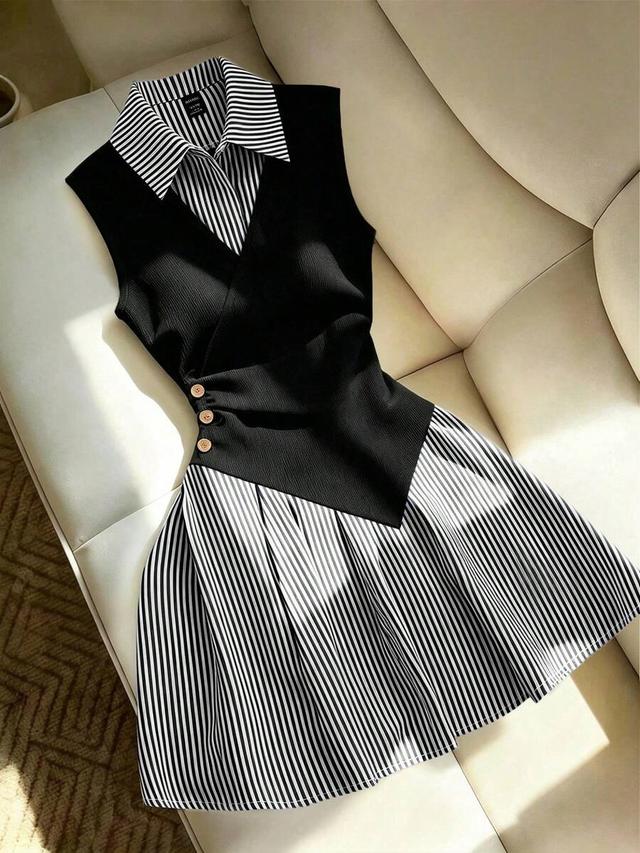 black patchwork striped ruched a-line dress
