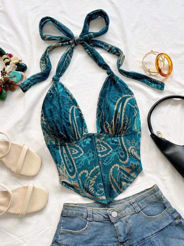 soleia women's backless tie-front halter top in teal paisley