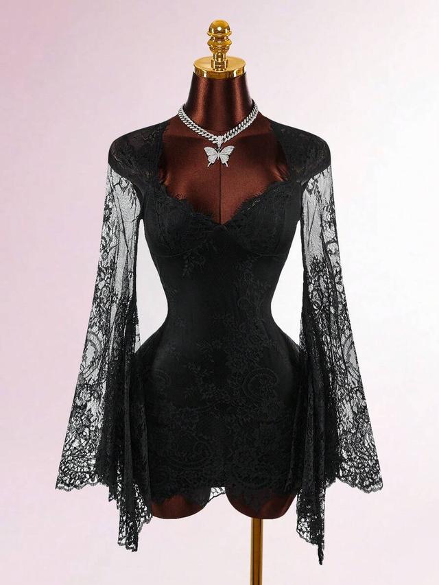 romantic black lace sheer flare sleeve mini dress