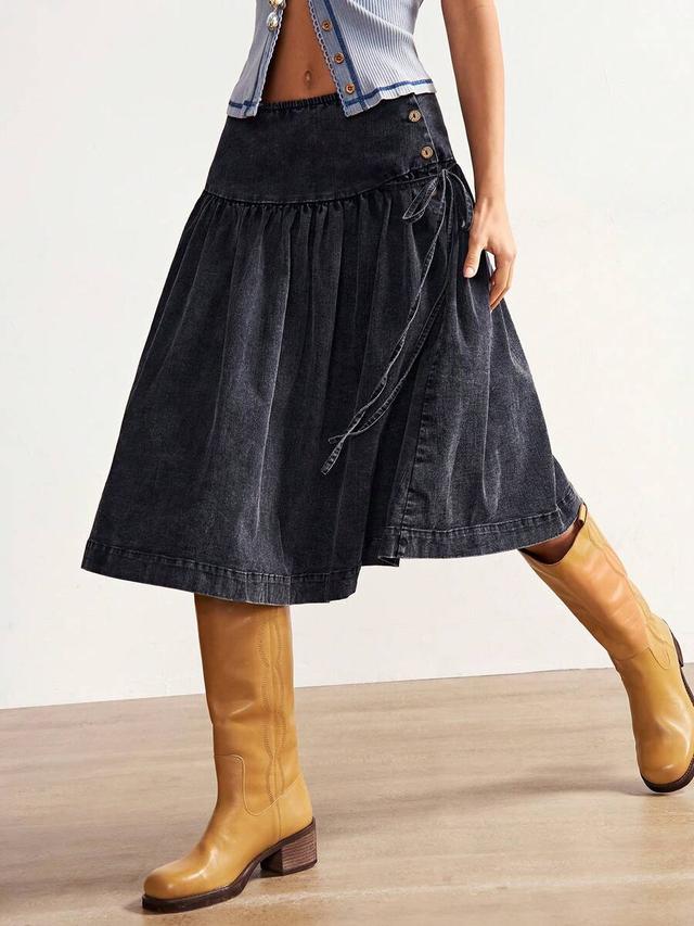 bohemela casual solid color woven loose denim skirt