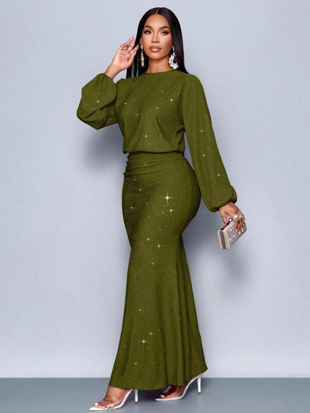 olive green textured mermaid hem long sleeve dress