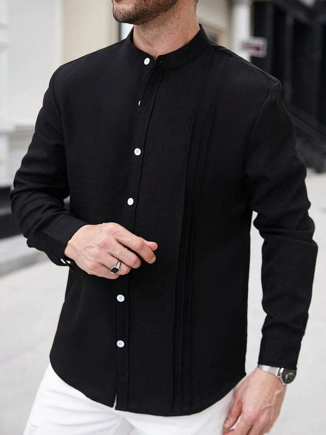 black textured mandarin collar button-up shirt