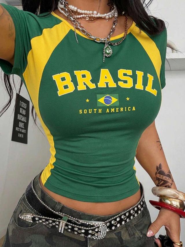 coolane women's green slim fit brazil graphic tee