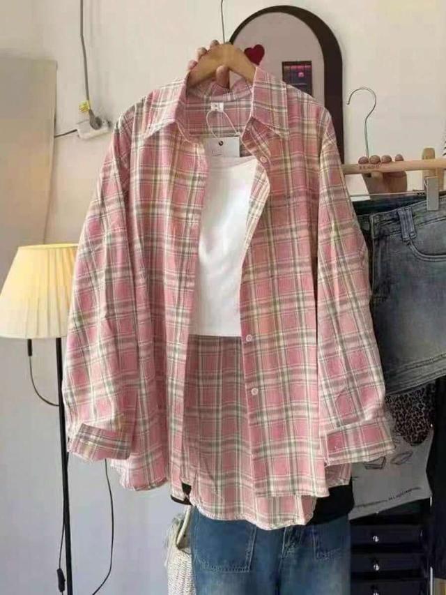 women's casual pink plaid long sleeve polyester blouse