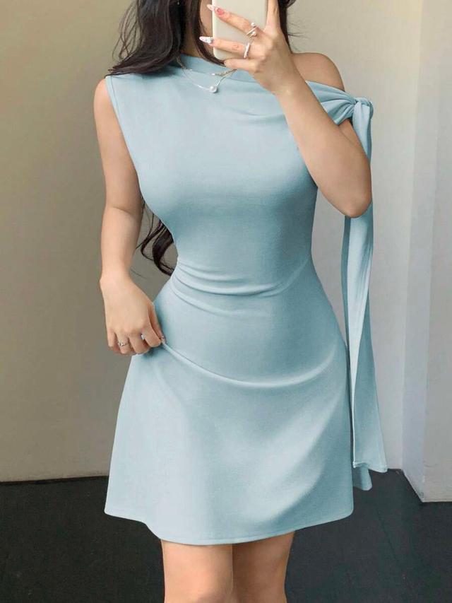 celisse light blue asymmetric tie-up waist short dress
