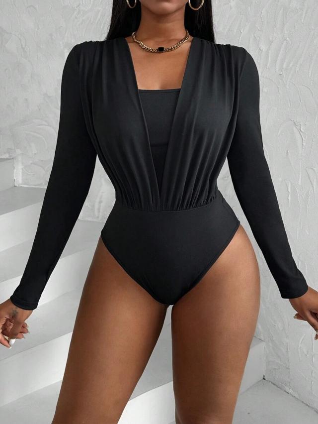 black pleated chest long sleeve fashion bodysuit