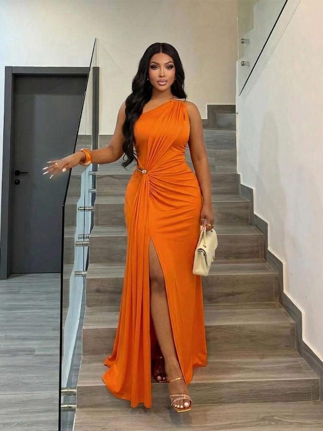 orange one-shoulder ruched evening dress