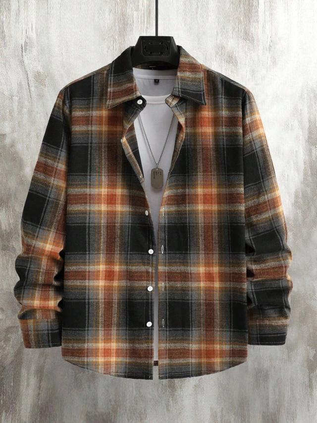 men's plaid front button casual long sleeve flannel shirt