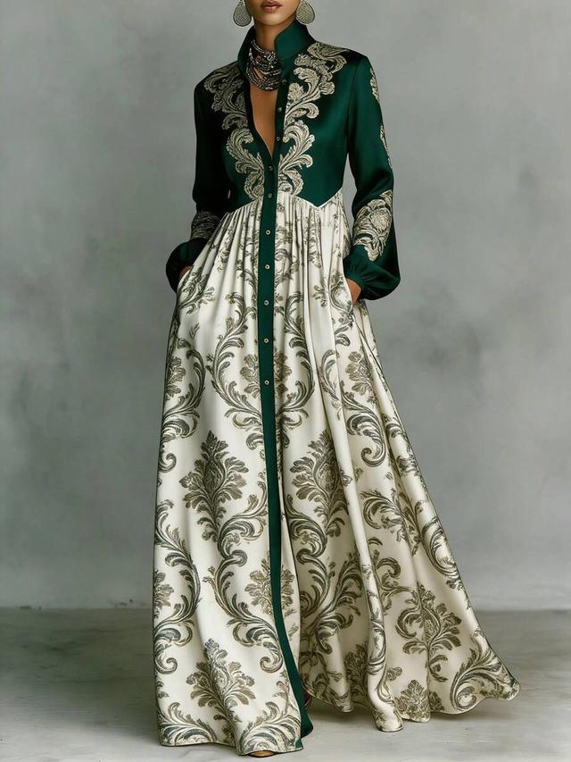 green damask and cream damask button-down maxi dress