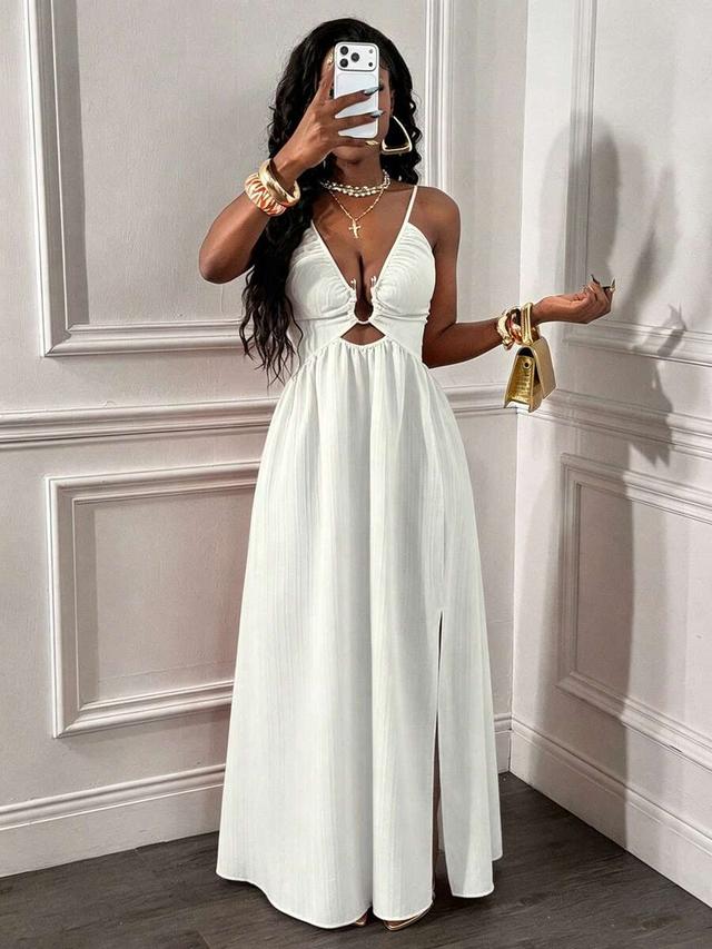 white textured maxi dress with deep v-neck